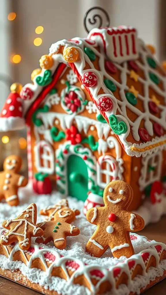 A beautifully decorated gingerbread house with gingerbread cookies in front, showcasing festive colors and royal icing designs.