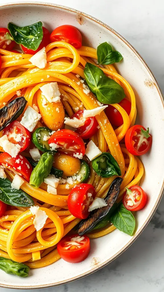 A bowl of Pasta Primavera with colorful cherry tomatoes, basil, and spaghetti