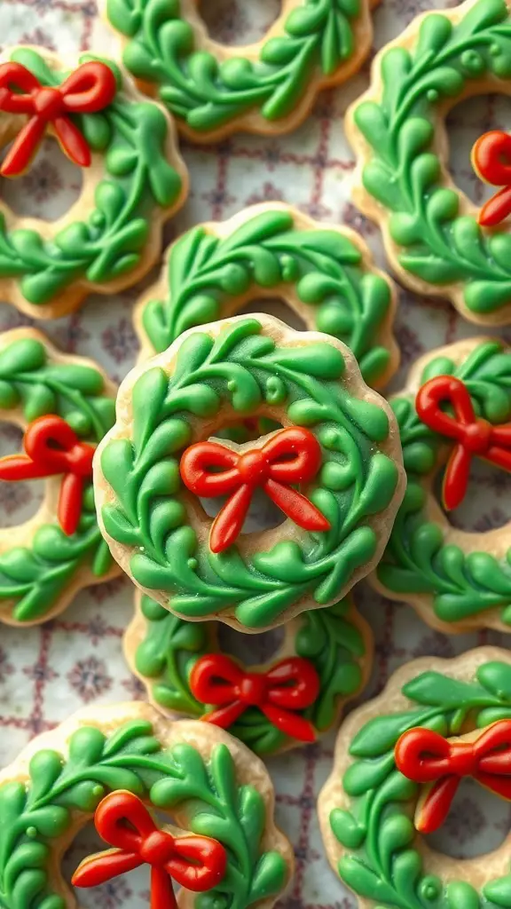 Decorated wreath-shaped cookies with green icing and red bows