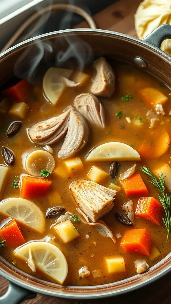 A pot of turkey and cabbage soup with vegetables and steam rising.