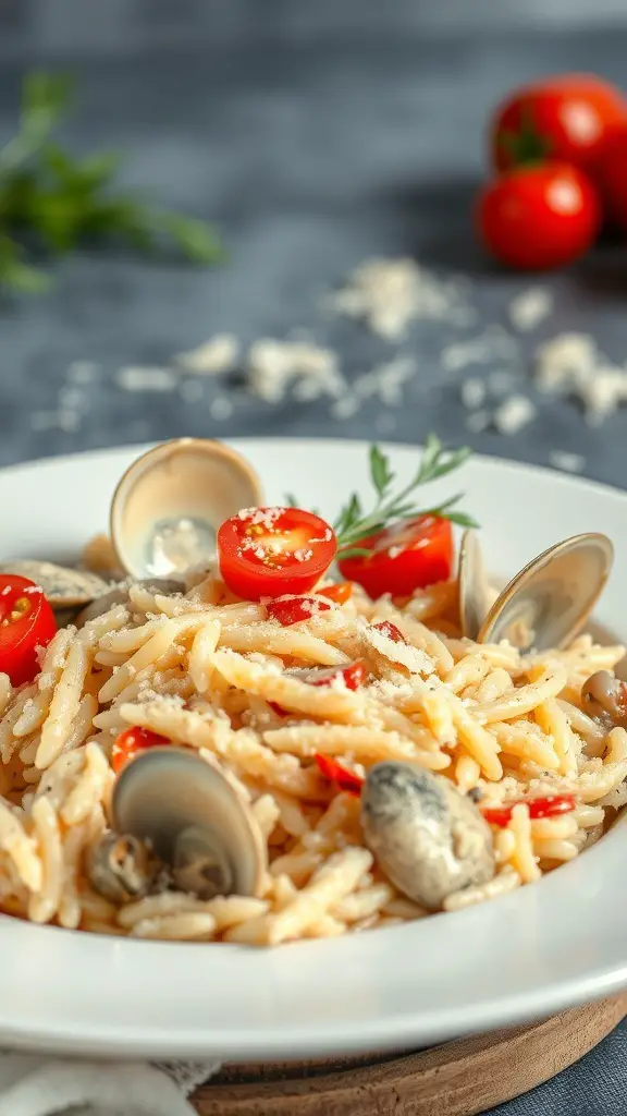 A plate of clam and tomato risotto with cherry tomatoes and clams garnished with herbs.