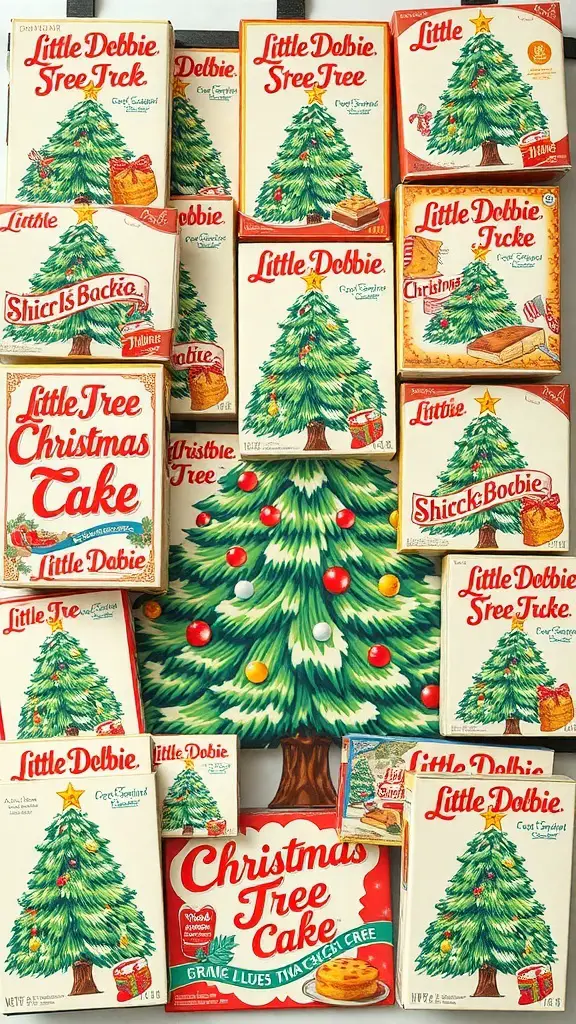A collection of Little Debbie Christmas Tree Cakes packaging featuring various designs of Christmas trees.