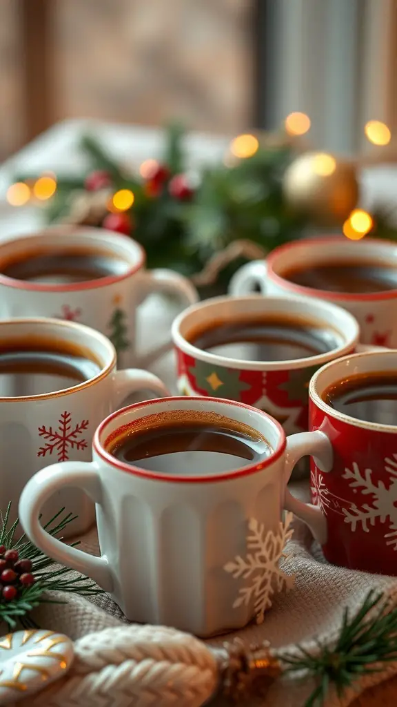 A collection of festive mugs filled with coffee, surrounded by holiday decorations.