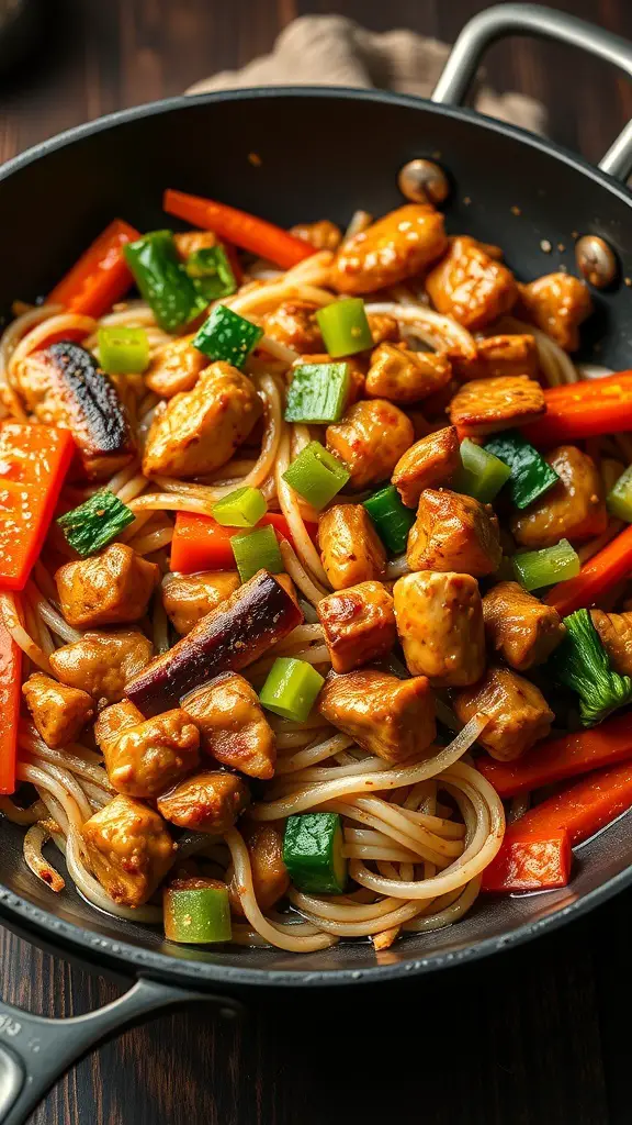 A pan filled with teriyaki chicken udon stir-fry, featuring chicken pieces, colorful bell peppers, and udon noodles.