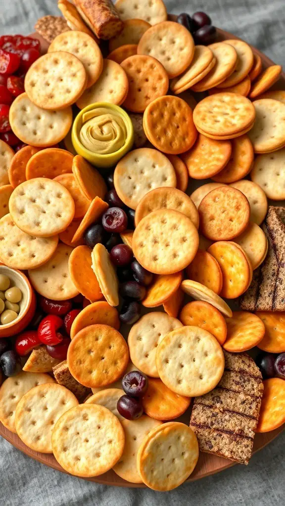 A variety of crackers and chips arranged on a wooden platter, featuring round and rectangular shapes, with olives and mustard.