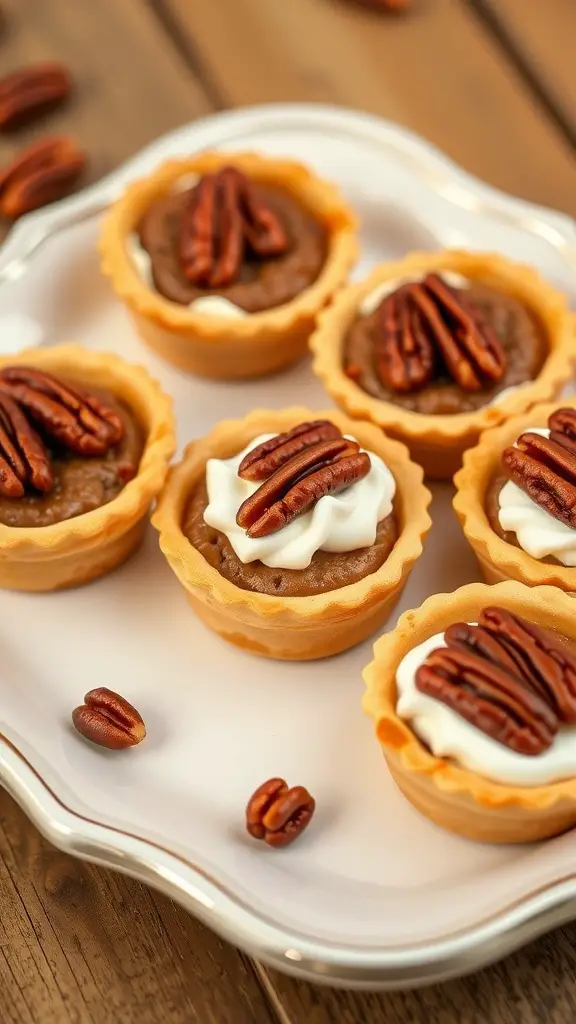 A plate of pecan pie tartlets topped with pecans and whipped cream.