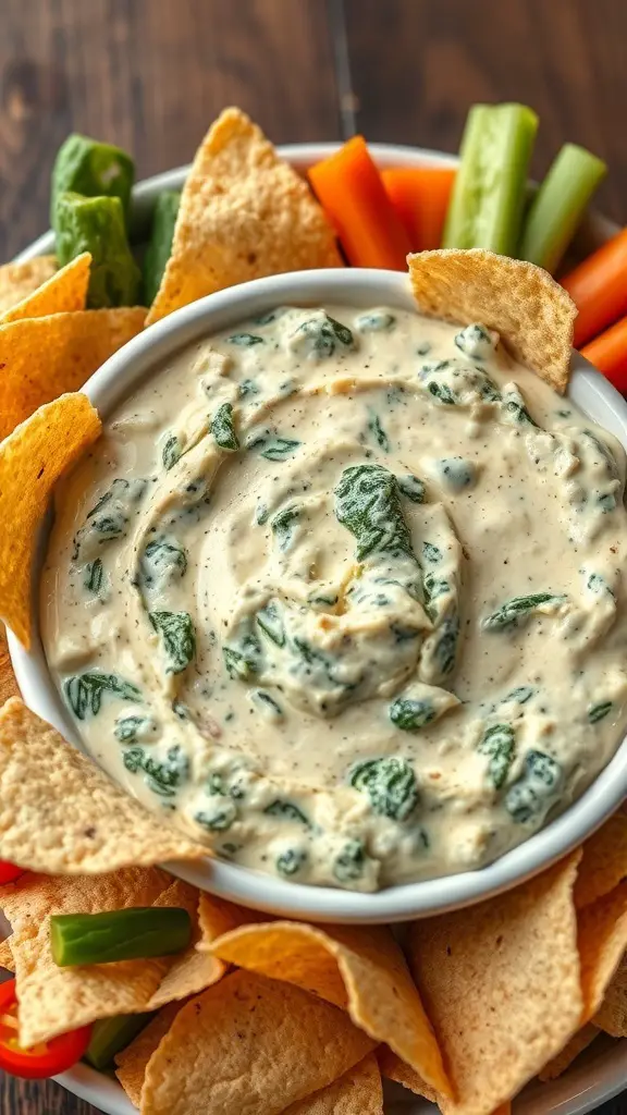 A bowl of spinach and artichoke dip surrounded by tortilla chips and fresh vegetables.
