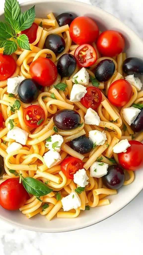 A bowl of Mediterranean Rotini Salad with cherry tomatoes, olives, and feta cheese.