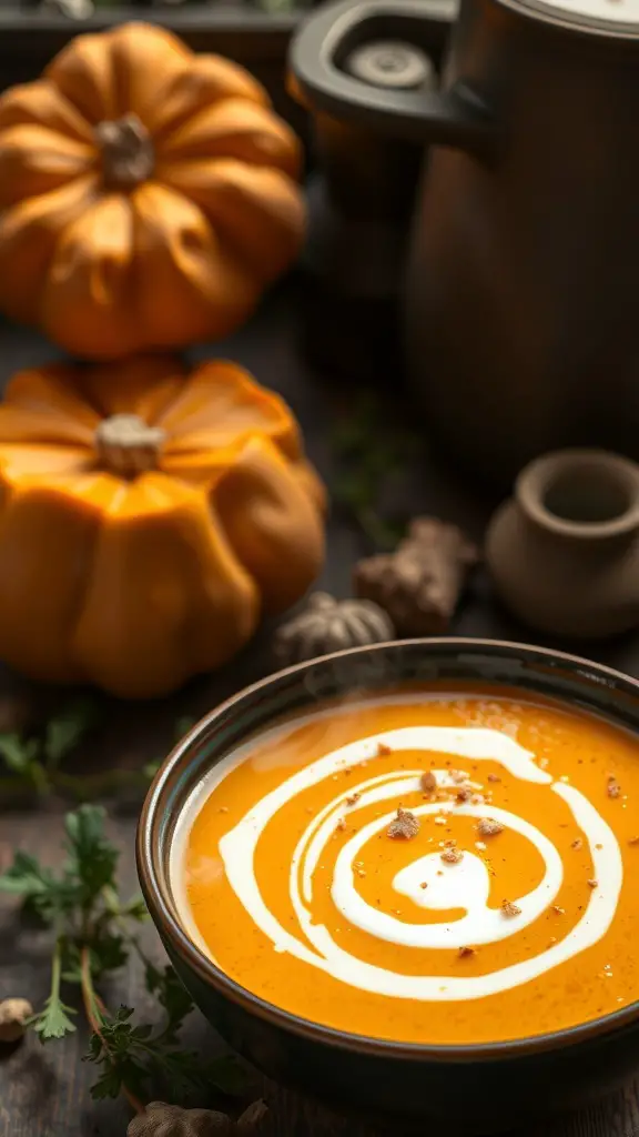 A bowl of spiced butternut squash soup with a swirl of cream, surrounded by pumpkins and herbs.