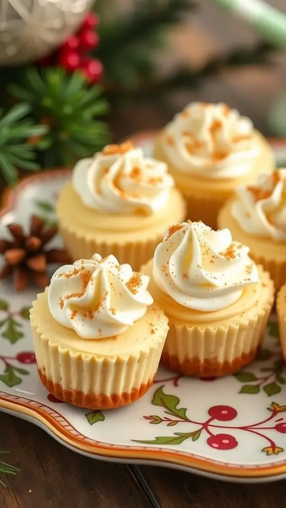 A plate of eggnog cheesecake bites topped with whipped cream and nutmeg, surrounded by festive decorations.