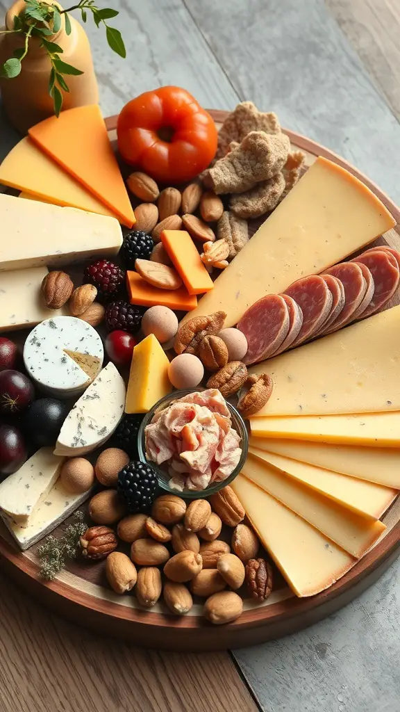 A beautifully arranged cheese and charcuterie board with various cheeses, meats, nuts, and fruits.