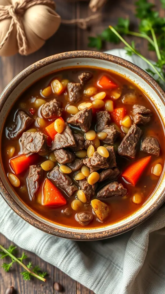 A bowl of beef barley stew with chunks of beef, carrots, and barley in a rich broth.