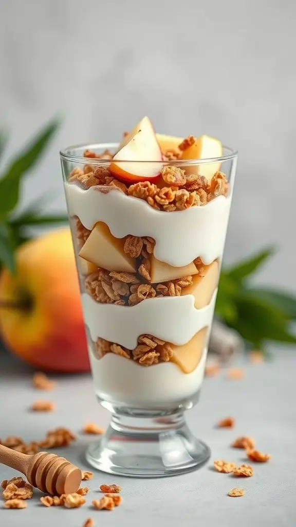 A delicious apple yogurt parfait with layers of yogurt, granola, and apple slices in a clear glass.