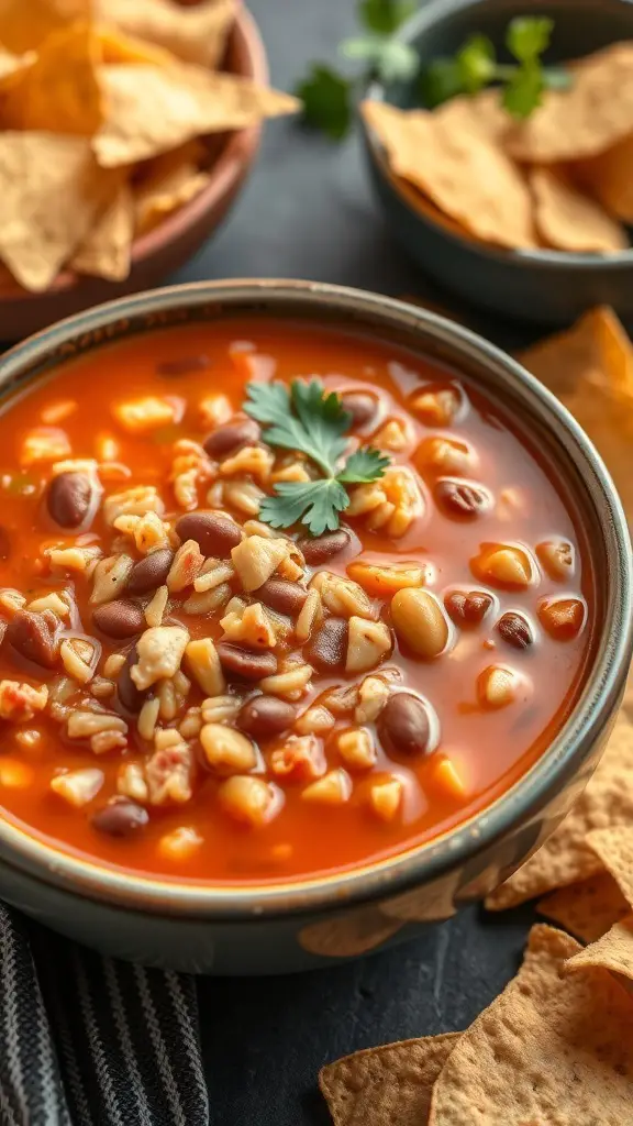 A bowl of Southwestern Turkey and Rice Soup with beans and rice, garnished with cilantro, alongside tortilla chips.