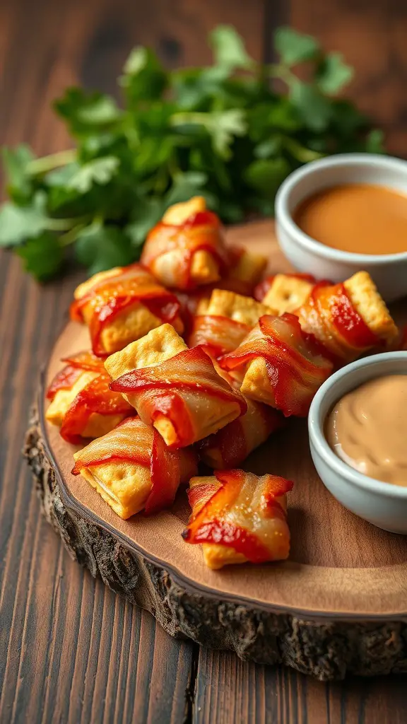 Bacon-wrapped Ritz crackers on a wooden platter with dipping sauce