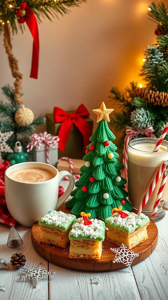 A festive display featuring Christmas Tree Cakes, a green Christmas tree decoration, a cup of coffee, and a glass of milk.