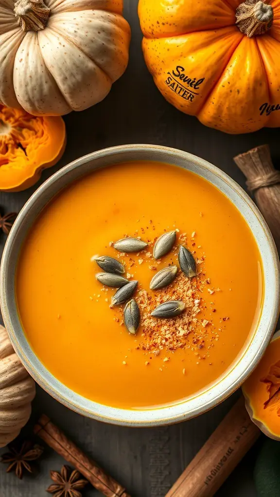 A bowl of creamy butternut squash soup garnished with pumpkin seeds, surrounded by fresh pumpkins and spices.