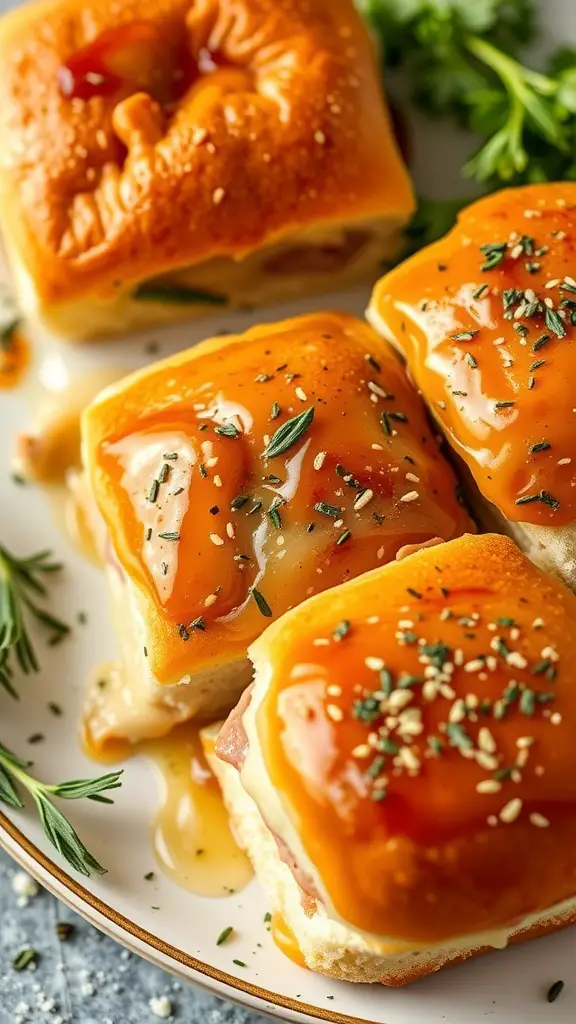 Honey glazed ham sliders on a plate, garnished with herbs