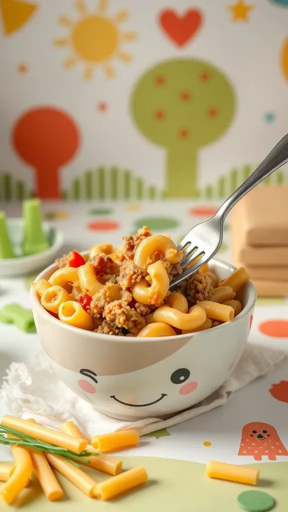 A bowl of hamburger macaroni casserole with a smiley face design, surrounded by colorful pasta and a playful background.
