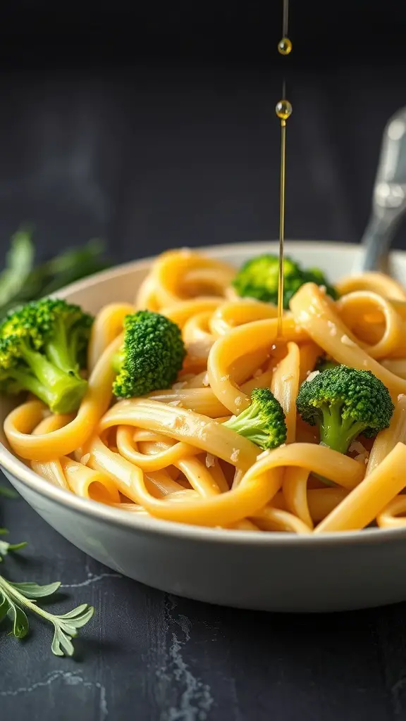 A bowl of rigatoni pasta with broccoli and garlic, drizzled with olive oil.