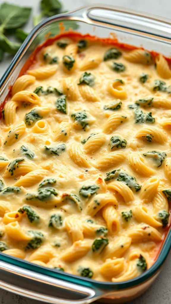 A close-up of a creamy spinach and artichoke pasta bake, topped with melted cheese and fresh spinach.