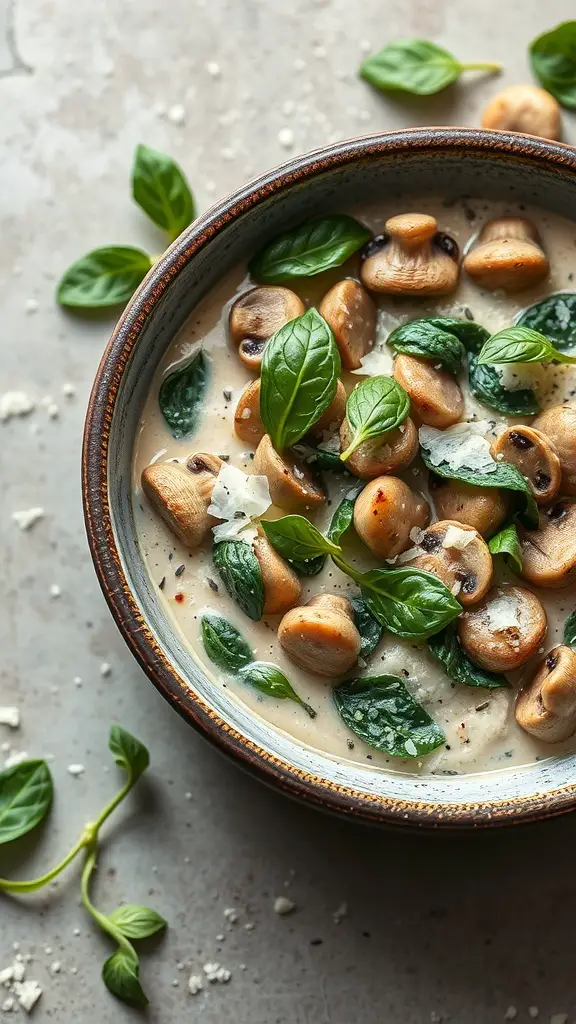 A bowl of creamy mushroom and spinach Cellentani pasta topped with fresh basil leaves.