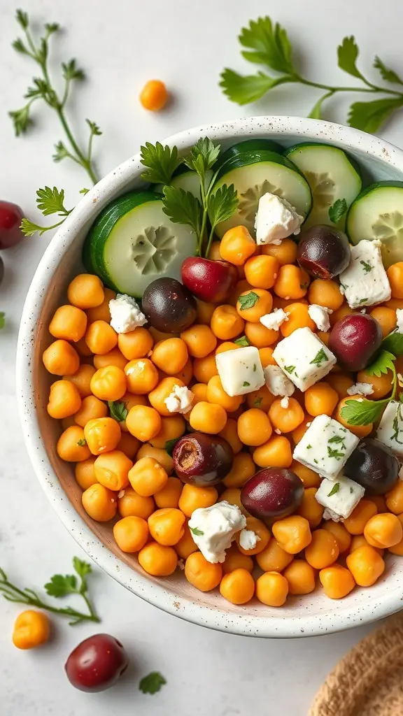 A colorful Mediterranean Chickpea Bowl with chickpeas, cucumbers, feta cheese, and olives.