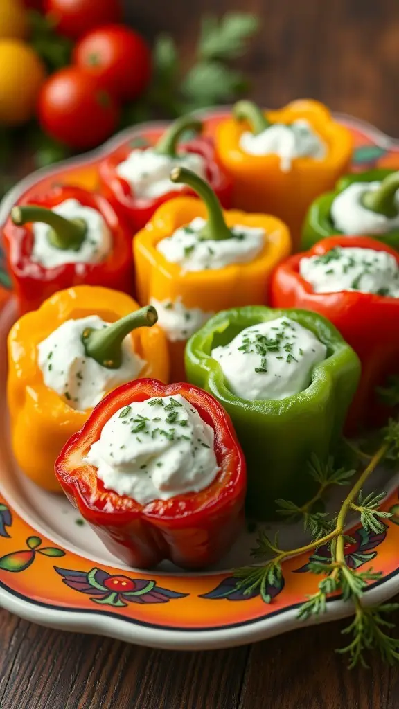 A plate of colorful stuffed mini peppers filled with creamy cheese and herbs.