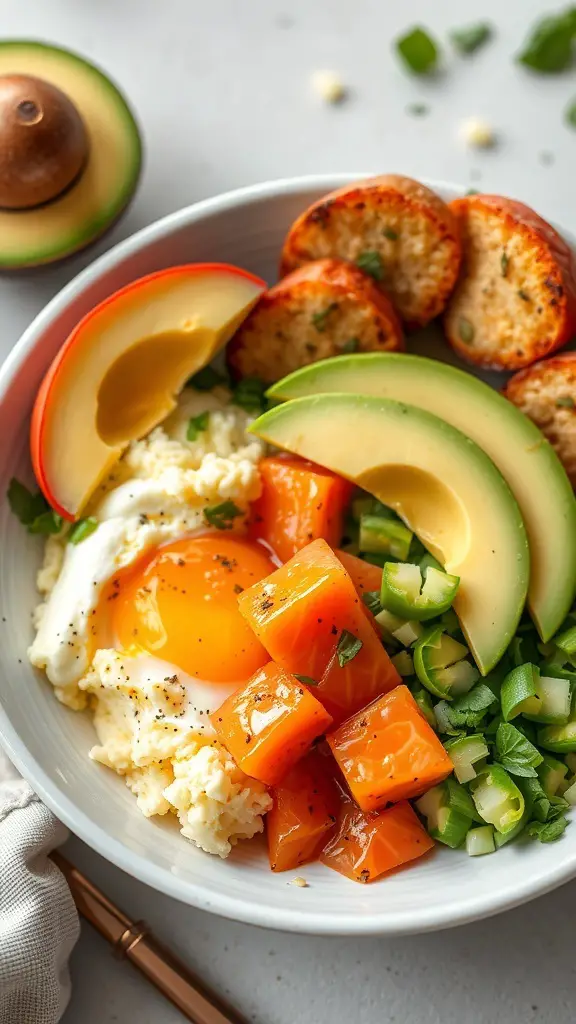 A colorful salmon and egg breakfast bowl with avocado, scrambled eggs, and vegetables.