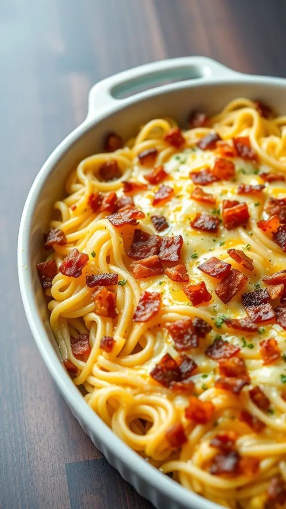 A delicious bacon and egg noodle casserole topped with crispy bacon and melted cheese.