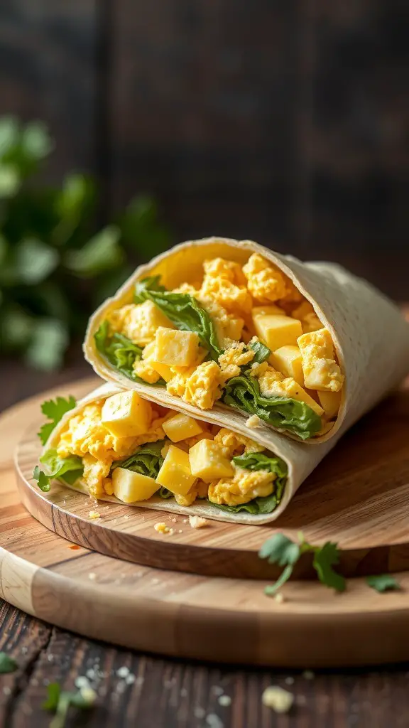 A delicious egg and cheese breakfast wrap with greens, cut in half and placed on a wooden board.