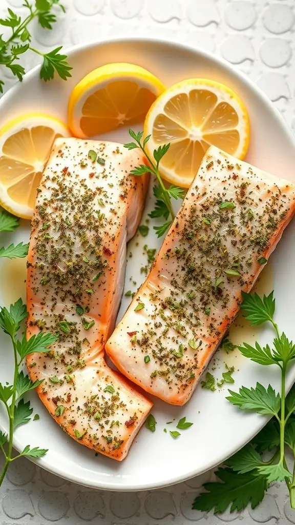 Herb-crusted salmon fillets with lemon slices and fresh herbs on a plate.