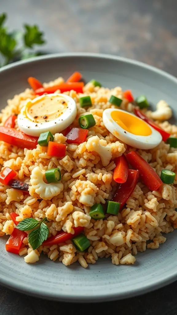 A plate of cauliflower fried rice with red bell peppers, green onions, and soft-boiled eggs.