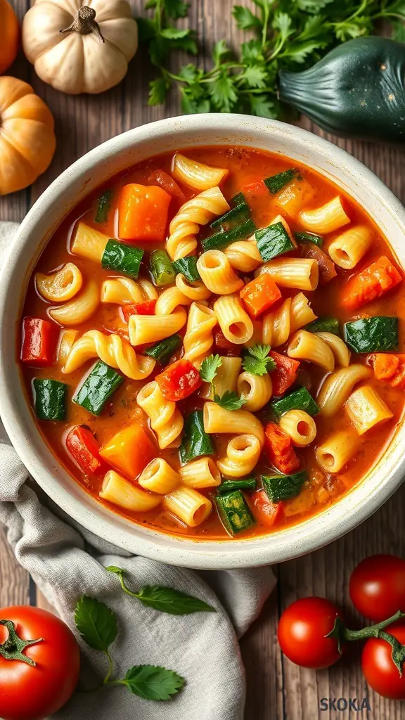 A bowl of vegetable minestrone soup with pasta and colorful vegetables.