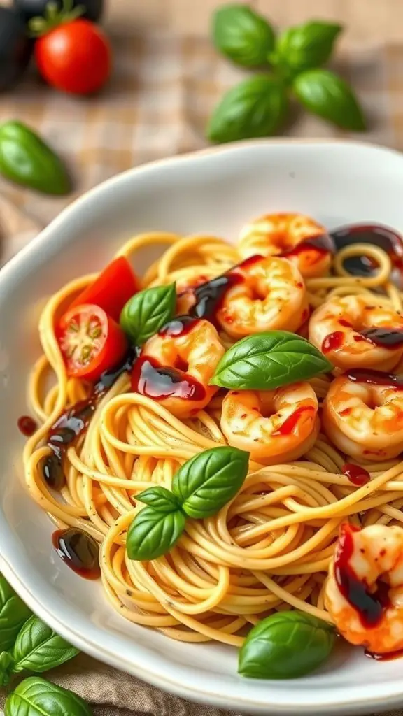 A bowl of Tomato Basil Shrimp Fettuccine with shrimp, fresh basil, and cherry tomatoes.