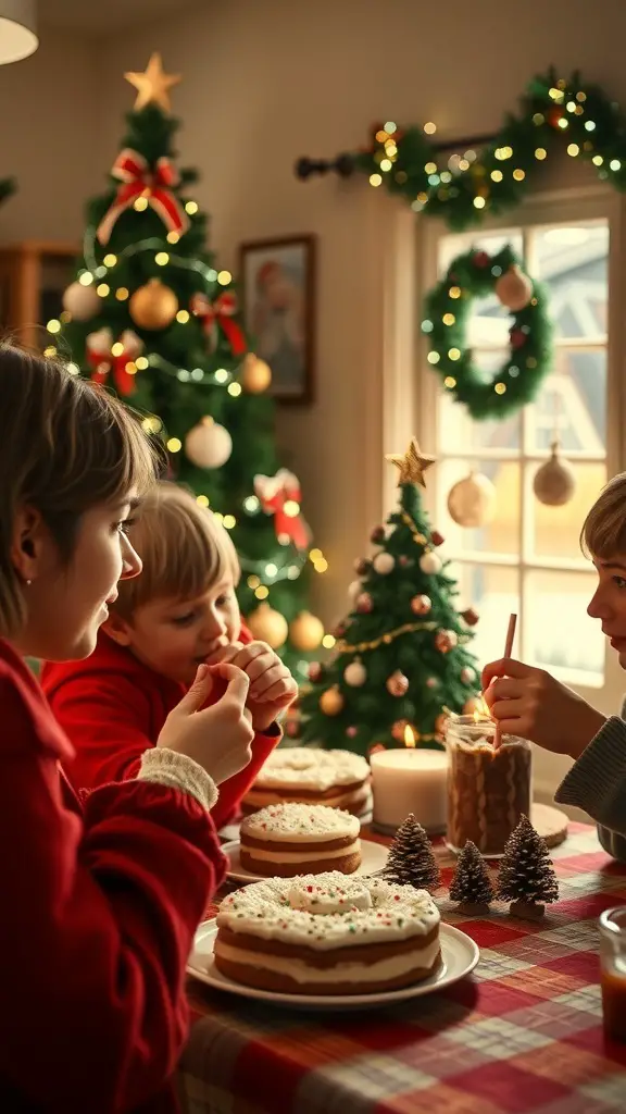A family enjoying Christmas Tree Cakes around a festive table with decorations.