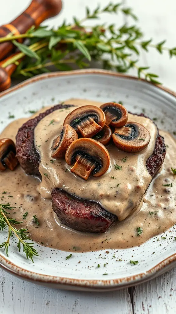 A delicious venison steak topped with mushroom cream sauce and garnished with herbs.