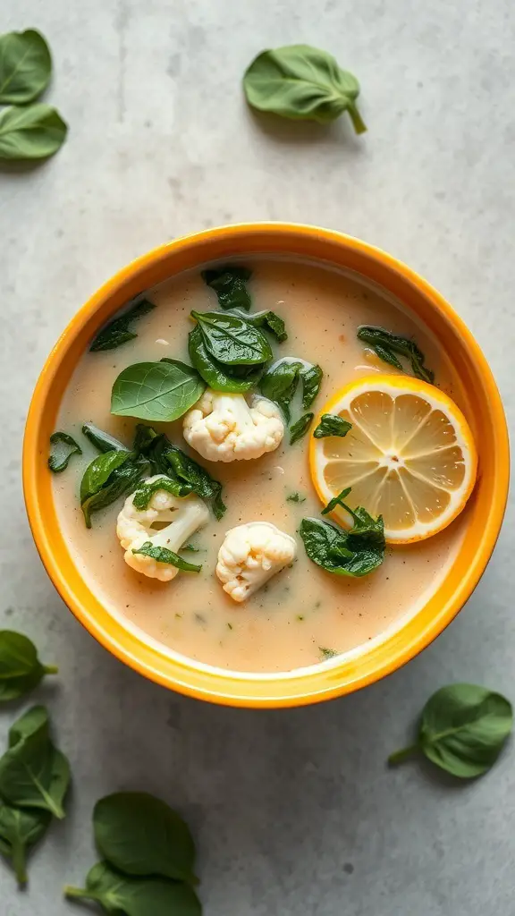 A bowl of creamy cauliflower and spinach soup garnished with lemon slices and fresh spinach leaves.