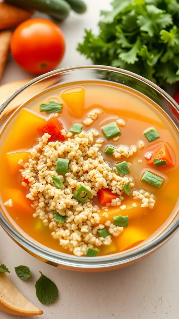 A bowl of vegetable broth with quinoa, featuring colorful vegetables and garnished with green onions.