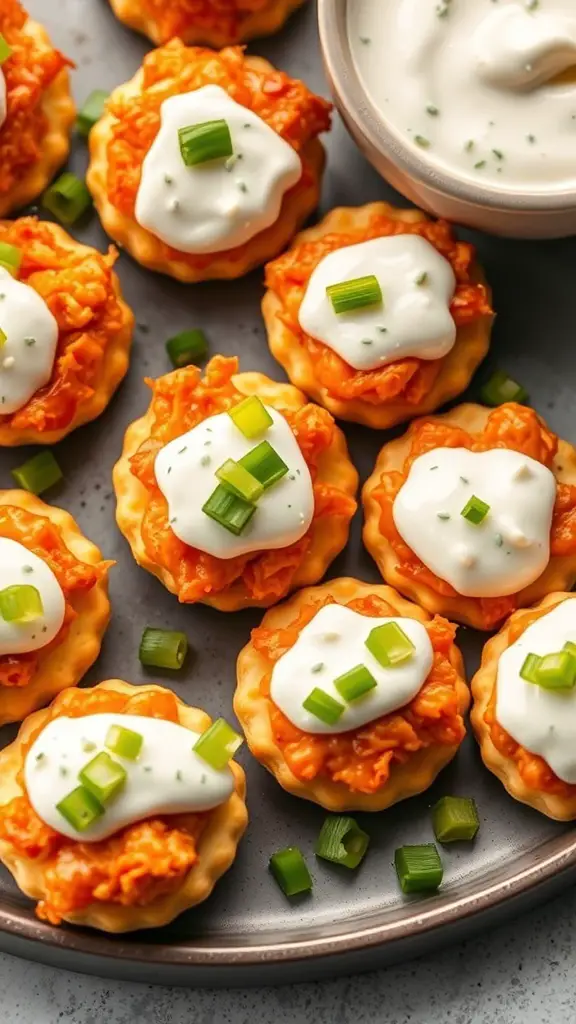 Buffalo Chicken Club Cracker Bites topped with ranch dressing and green onions