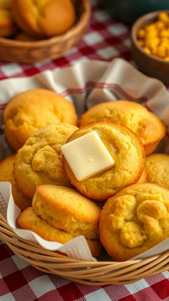 A basket of freshly baked cornbread muffins with a pat of butter on top.