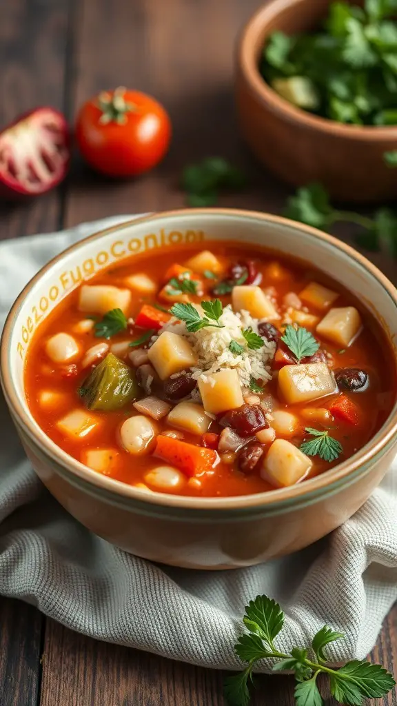 A bowl of minestrone soup with fresh herbs, tomatoes, and vegetables.