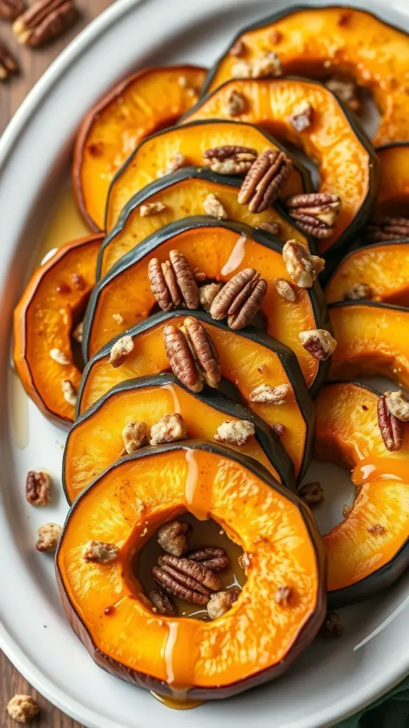 Maple roasted acorn squash slices topped with pecans on a platter