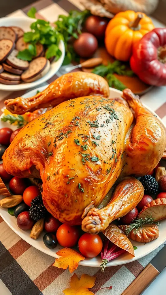 A beautifully roasted turkey garnished with herbs and surrounded by colorful vegetables, perfect for Thanksgiving.