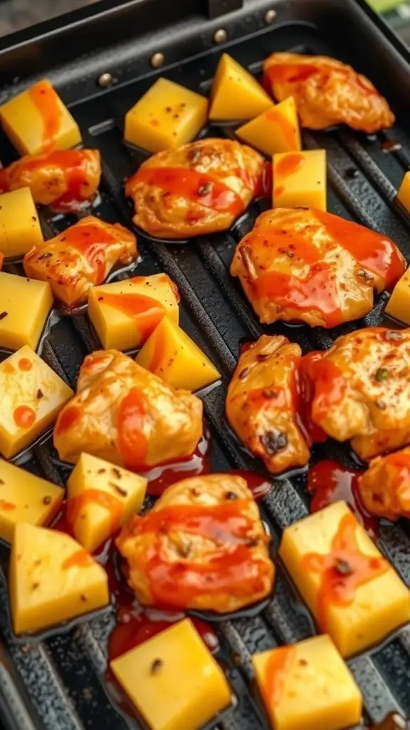 Grilled chicken pieces with pineapple chunks on a griddle, drizzled with sauce.
