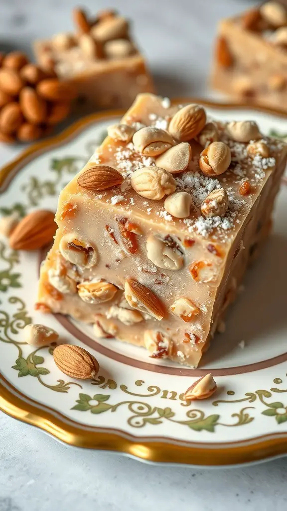 A close-up of torrone, a nougat dessert with nuts, displayed on a decorative plate.