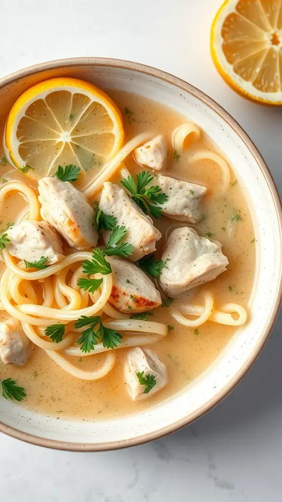 A bowl of Zesty Lemon Chicken Orzo Soup with lemon slices and parsley