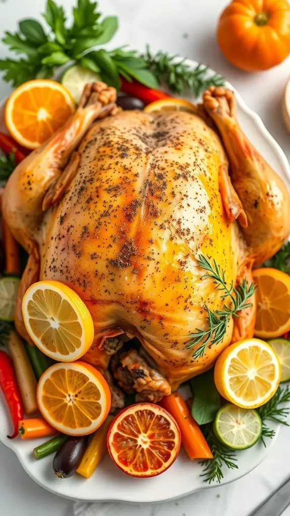 A whole roasted turkey surrounded by citrus fruits and herbs, showcasing a vibrant and flavorful dish.