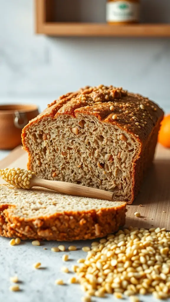 A loaf of nutty quinoa bread sliced on a wooden board with seeds scattered around.
