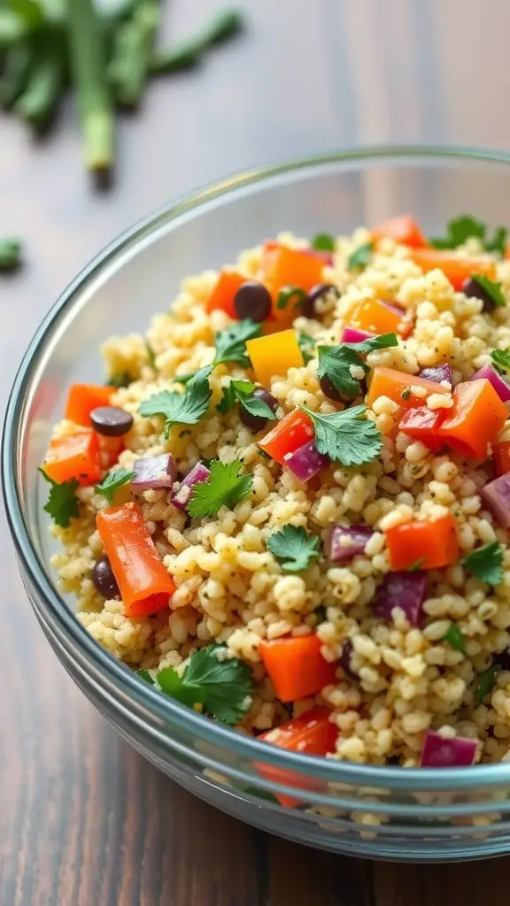 A bowl of colorful quinoa salad with diced vegetables and herbs.